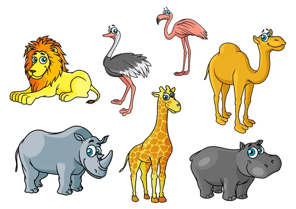 Dibujos animados africanos animales salvajes y aves personajes — Vector de stock