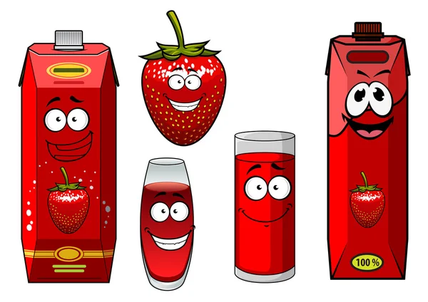 Çilek suyu parlak kırmızı paketleri ve berry çizgi film karakterleri — Stok Vektör