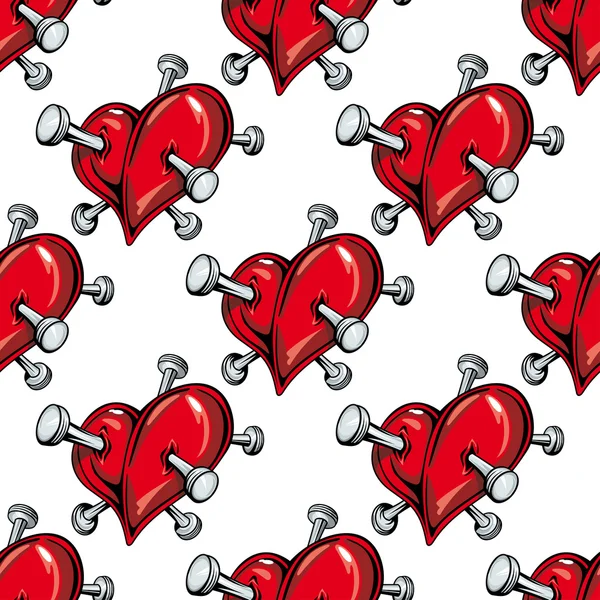Karikatur genagelte rote Herzen nahtloses Muster — Stockvektor