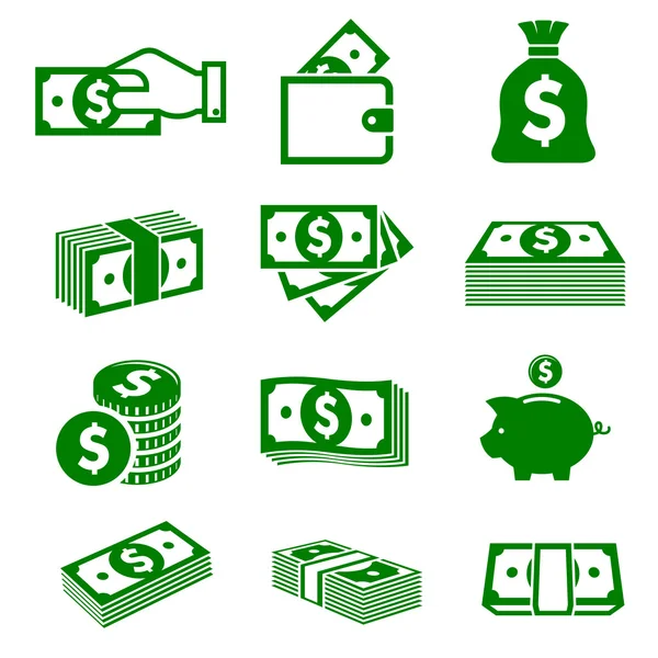 Zelené papírové peníze a mince ikony — Stockový vektor