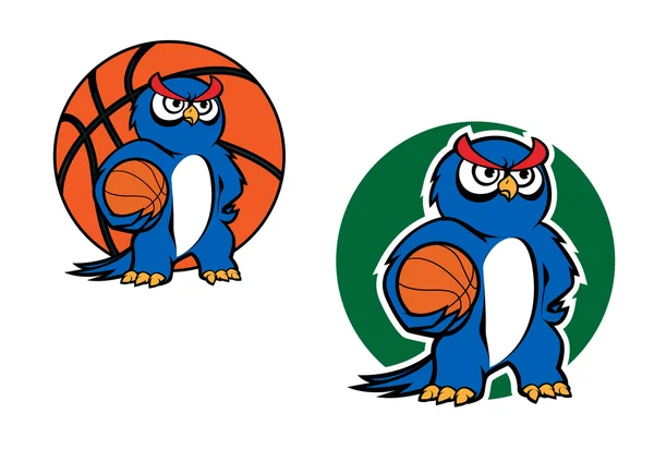 Desenhos animados azul coruja personagem com bola de basquete —  Vetores de Stock
