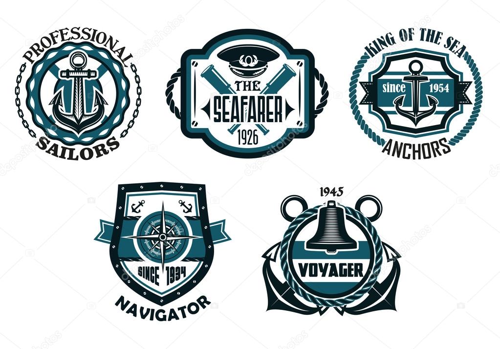 Retro nautical emblems or badges in blue colors with anchors, compass, captain cap, ancient spyglasses,  rope frames, chains, life buoy and shield