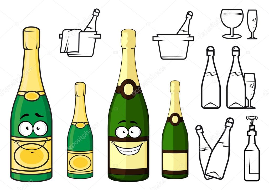 Champagne bottles cartoon characters and icons