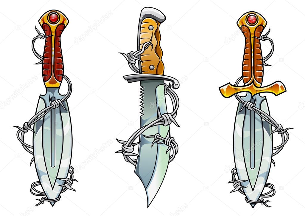 Cartoon ancient daggers with barbed wire