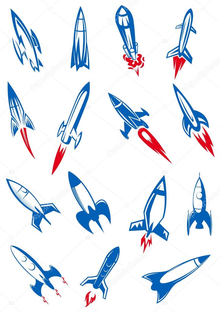 Blue flying space rockets or spaceships and missiles with red flaming tracks in retro cartoon style for logo or emblem design
