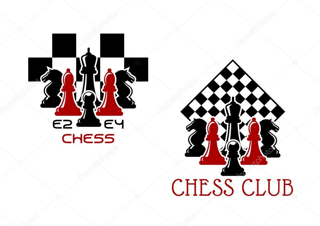 Chess club sport emblems or symbols with chessmen ant turned chess board