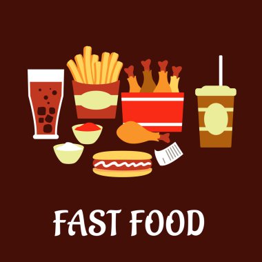Fast food aperatifler ve düz Stil kümesi içecekler