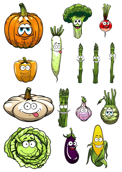 Colorido feliz jardín verduras personajes de dibujos animados — Vector de stock