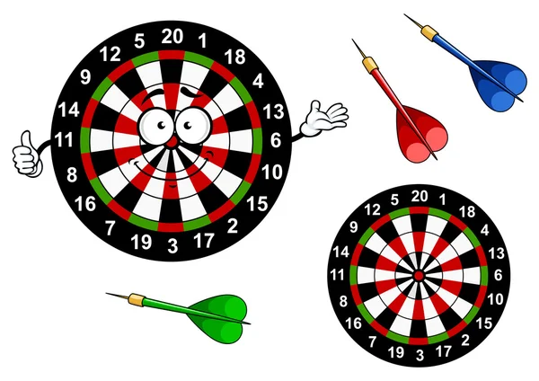 Dartbord doel stripfiguur met kleurrijke darts — Stockvector