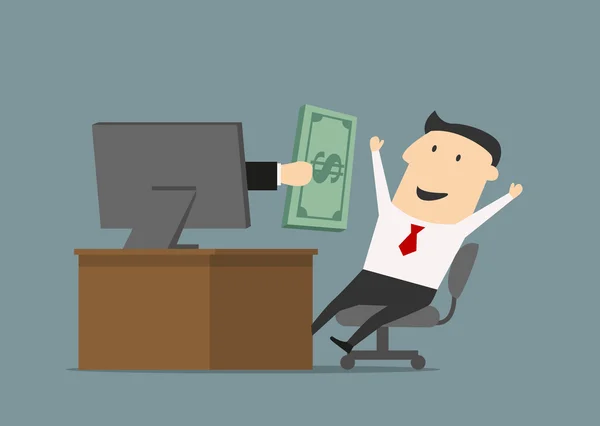 Businessman receiving money online through computer screen — Stock Vector