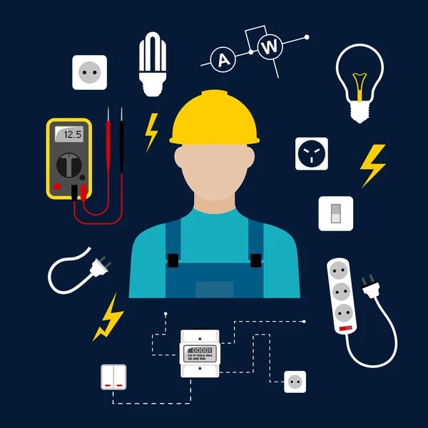 Eletricista profissional com ferramentas e equipamentos elétricos — Vetor de Stock