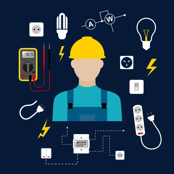 Professional electrician with electric tools and equipments — Stock Vector