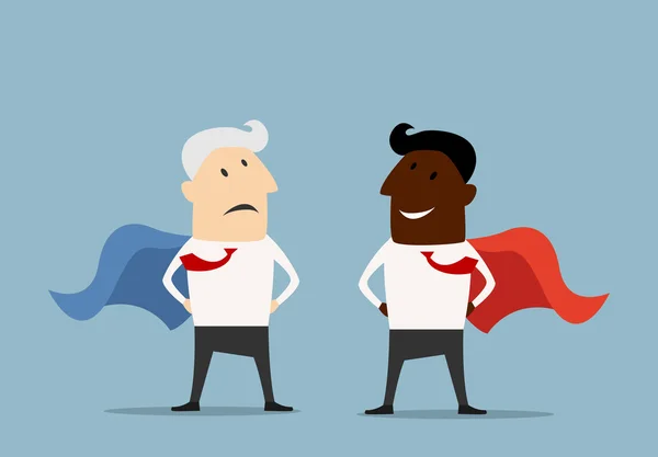 Superhero businessmen standing facing each other — Stok Vektör