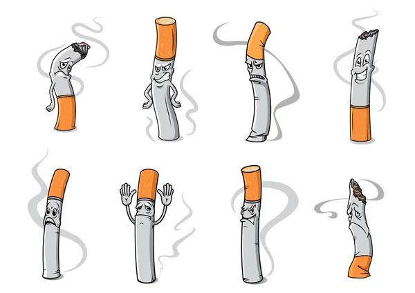 Personagens de desenhos animados de cigarro irritados, tristes e infelizes — Vetor de Stock