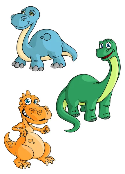 Carino cartone animato verde, blu e arancione dinosauro mascotte — Vettoriale Stock