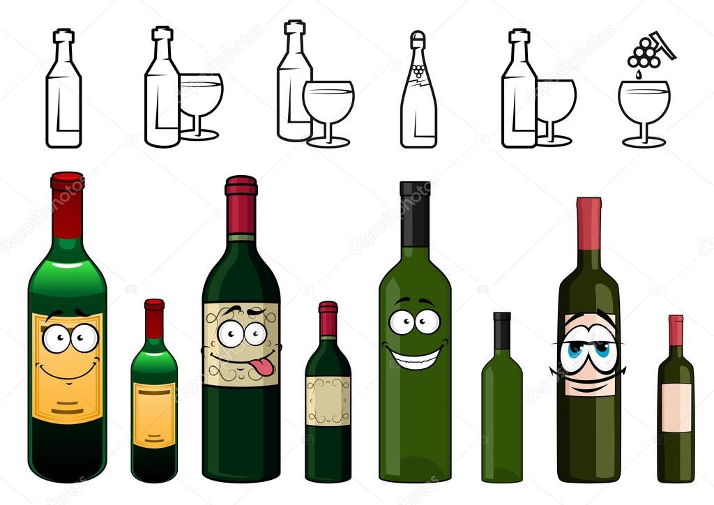 Cartoon characters of wine bottles in various design