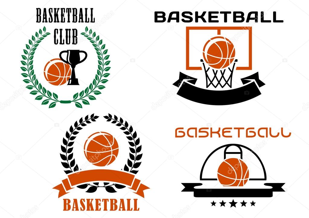 Basketball club symbols or emblems templates with orange basketball balls, part of sports court, basket, trophy cups,laurel wreaths, blank ribbon banners and stars