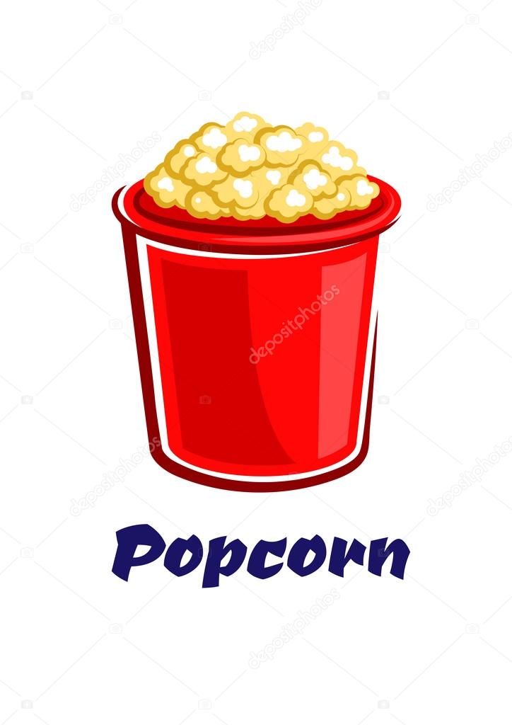 Fresh popped crunchy popcorn in a big red bucket in cartoon style isolated on white background with caption Popcorn for takeaway or fast food cafe design