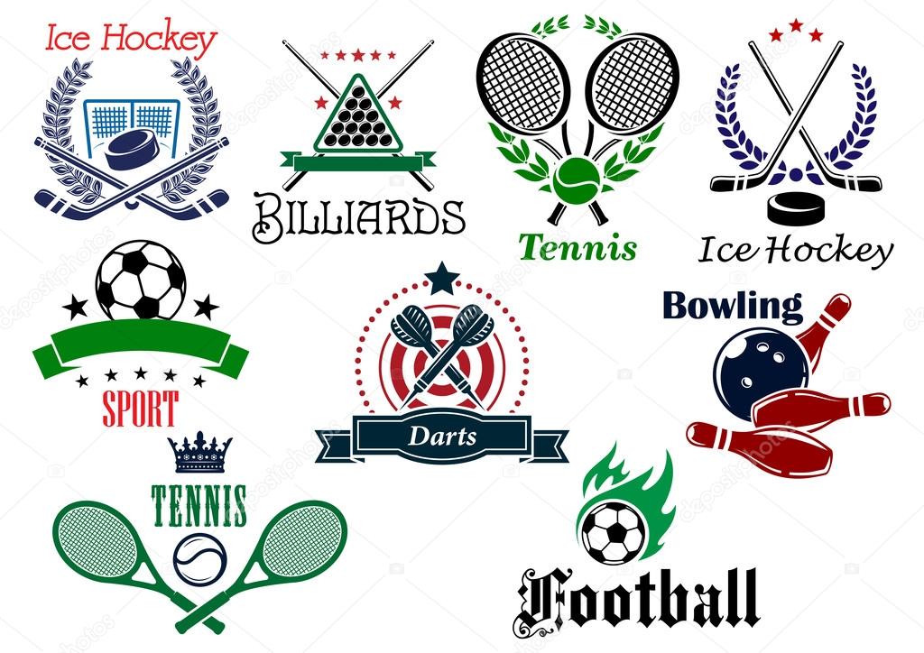 Team and individual sports heraldic emblems with game equipments and design elements for football, soccer, billiards, ice hockey, tennis, bowling and darts