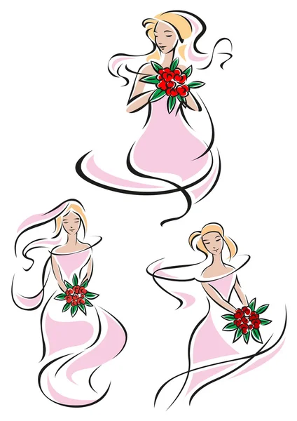 Jolies esquisses féminines roses d'une mariée — Image vectorielle