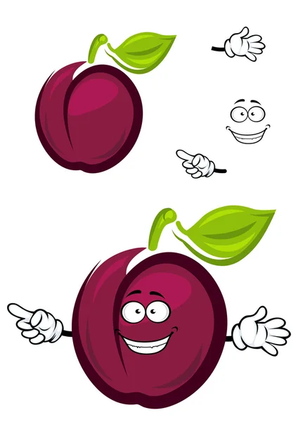 Ripe purple cartoon plum fruit with a green leaf — Stock Vector