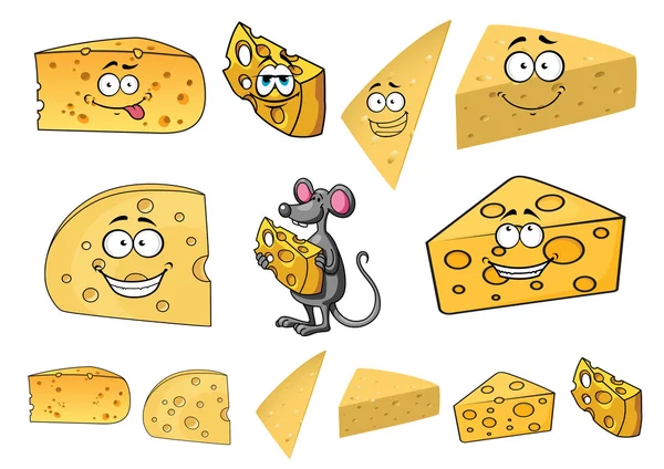 Cuñas de queso de dibujos animados feliz con un ratón — Archivo Imágenes Vectoriales