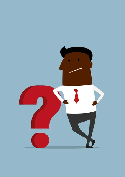 Cartoon african businessman leaning on red question mark — vektorikuva