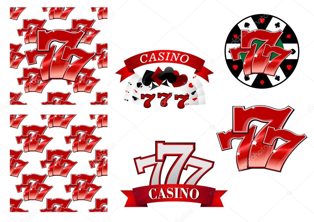 Colorful red casino and gambling emblems or badges depicting the iconic lucky numbers 777 as seamless patterns, with banners and playing cards