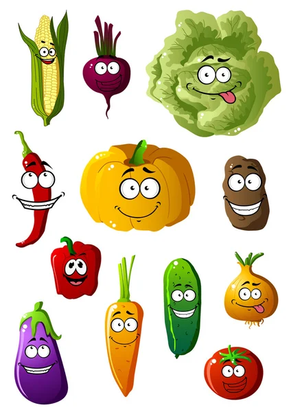 Caractères de légumes colorés avec des sourires heureux — Image vectorielle