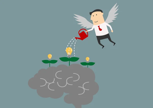 Winged businessman watering ideas on a brain — Stockvector