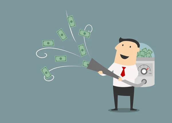 Мультфильм бизнесмен вакуумировать вверх деньги — стоковый вектор