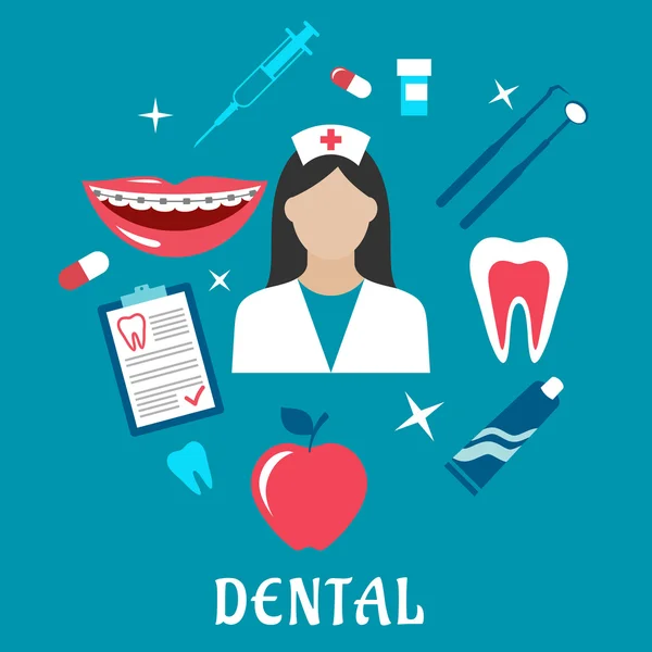 Concept plat dentaire avec icônes de la dentisterie — Image vectorielle