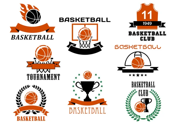 Basketbal spel emblemen en symbolen — Stockvector