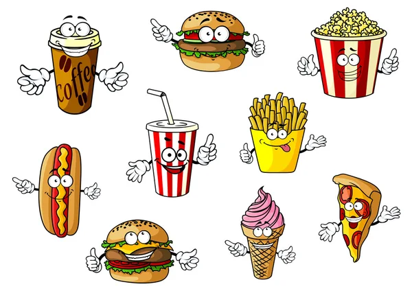 Desenhos animados coloridos fast food e personagens takeaways — Vetor de Stock