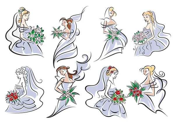 Brides in blue bridal dress holding bouquet of flowers — Stock Vector