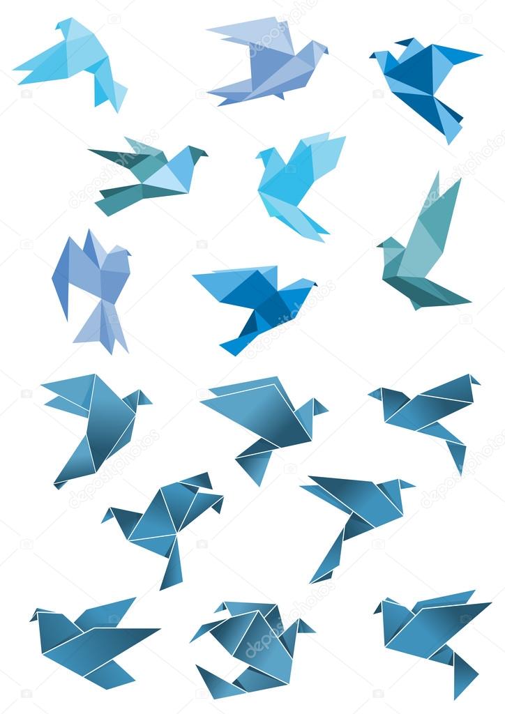 Origami paper stylized blue flying pigeon and dove birds set, isolated on white, for peace and freedom concept design