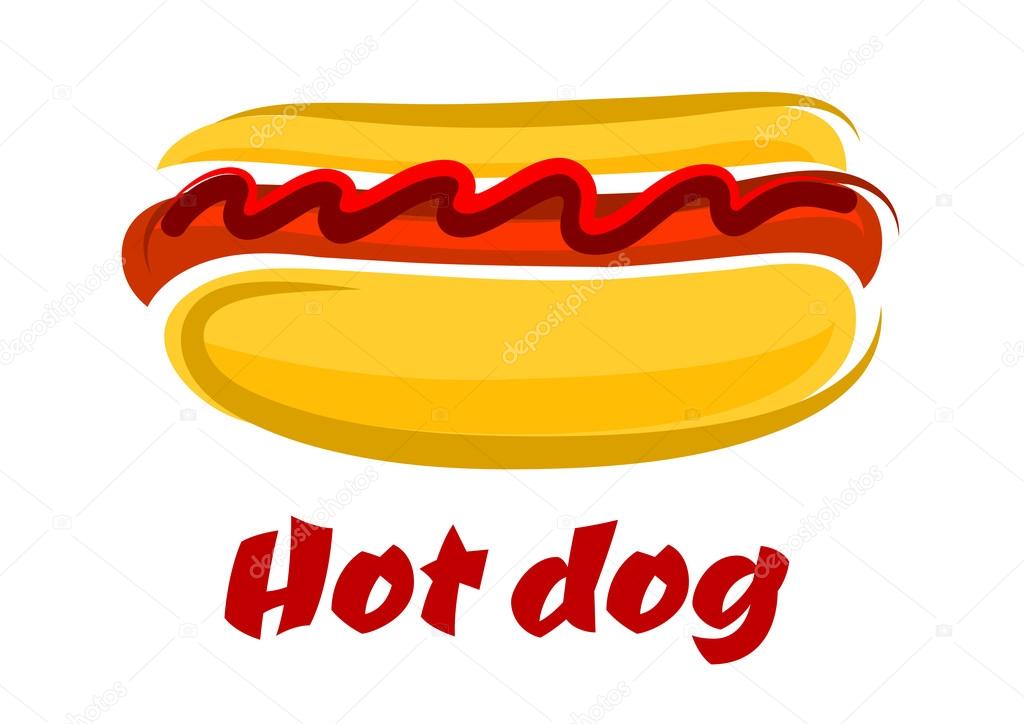 Delicious cartoon hot dog on a roll with a frankfurter sausage and ketchup and text Hot Dog below
