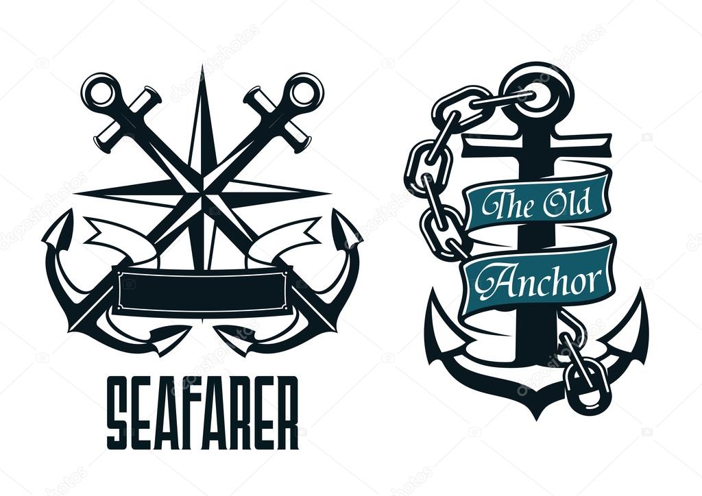 Seafarer marine heraldic emblem and symbol with ship anchors, compass, ribbon and chain for heraldry design