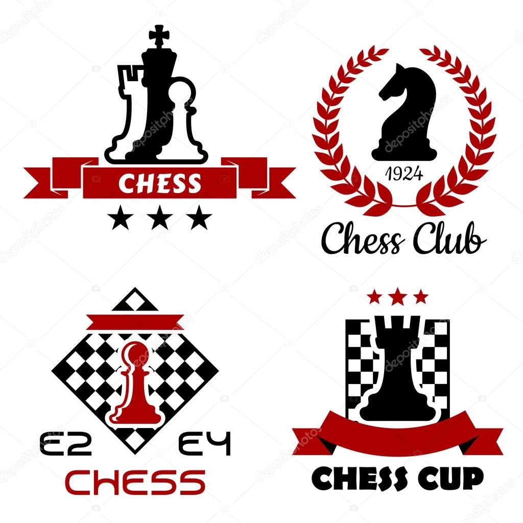 Black and red Chess cup, club and tournament symbols or emblems isolated on white background