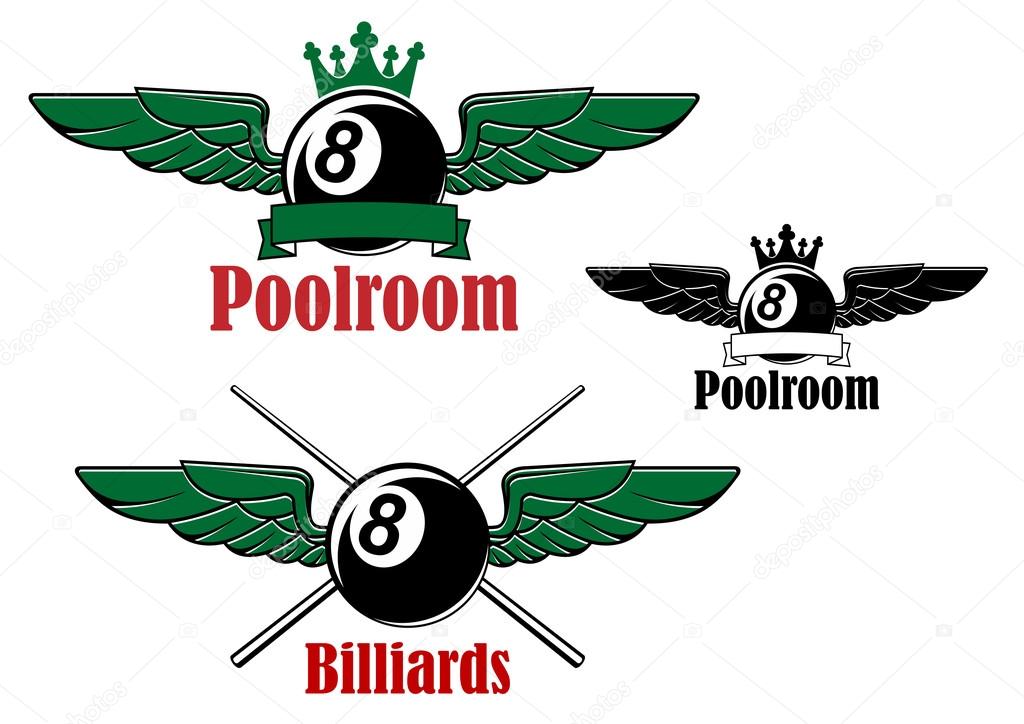 Black 8 ball for pool, snooker or billiards sport game emblem design with ball, crossed cues, crown and wings