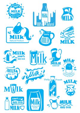 Milk blue labels and icons with splashes clipart