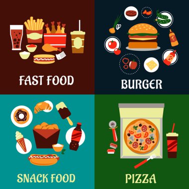 Fast food ve paket servisi olan restoran düz simgeler