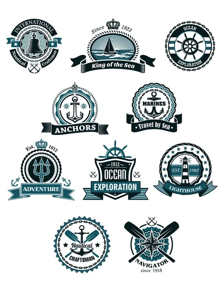 Icônes et insignes marins avec symboles nautiques — Image vectorielle