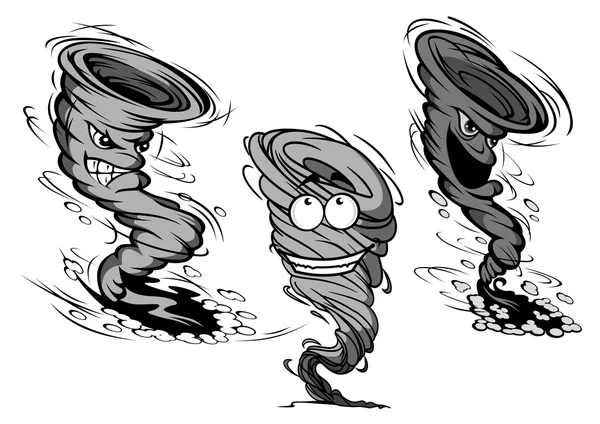 Furioso tornado de desenhos animados e personagens de furacões —  Vetores de Stock
