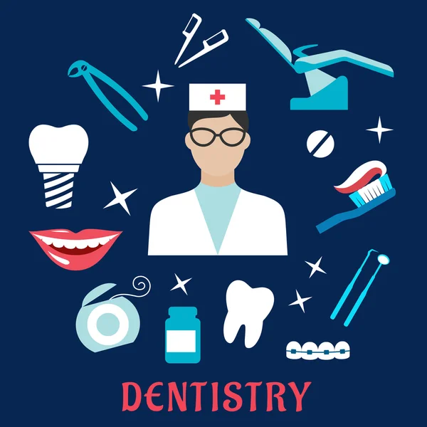 Icônes plates en dentisterie avec éléments dentaires et dentistes — Image vectorielle