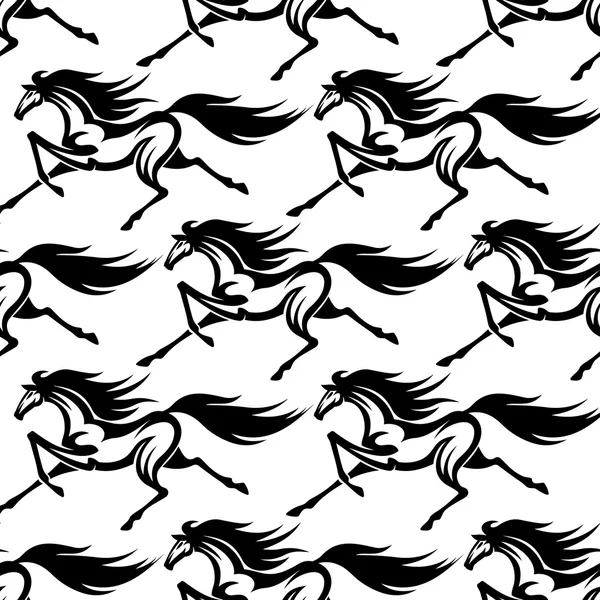 Negro galopando caballos salvajes patrón sin costura — Archivo Imágenes Vectoriales