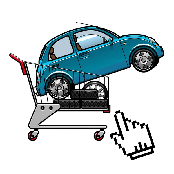 Bil och däck i en shoppingvagn — Stock vektor