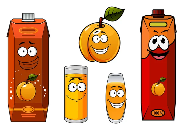 Apricot juice containers, glasses and fruit cartoon characters — Stock Vector