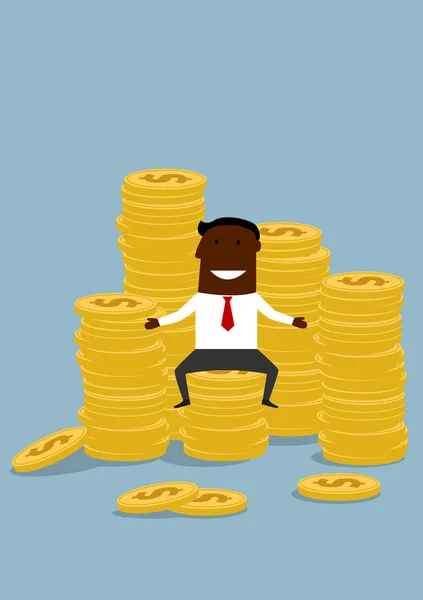 Biznesmen czarny siedzi na złote monety stosy — Wektor stockowy