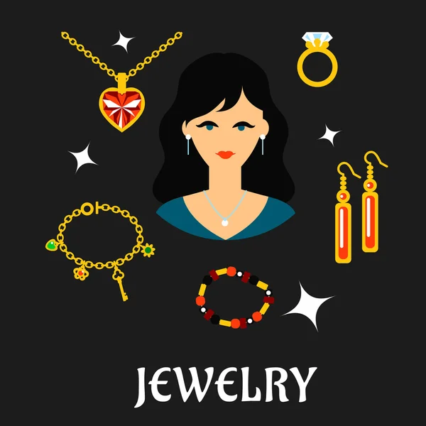 Femme avec bijoux et or dans un style plat — Image vectorielle